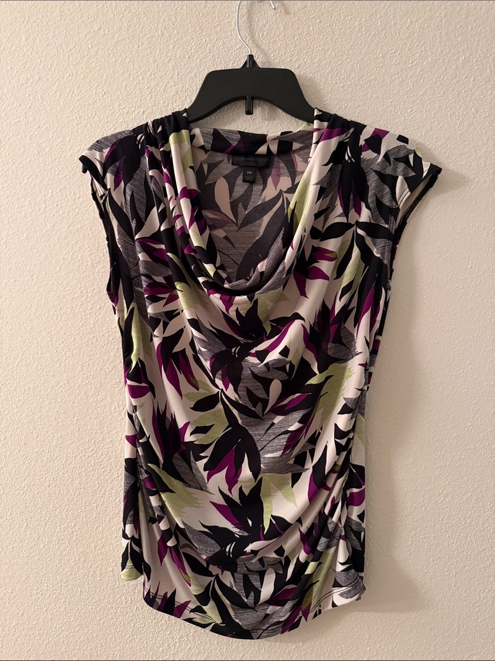 Worthington Sleeveless Cowl Neck Leaf-Print Top in Cream, Black & Purple